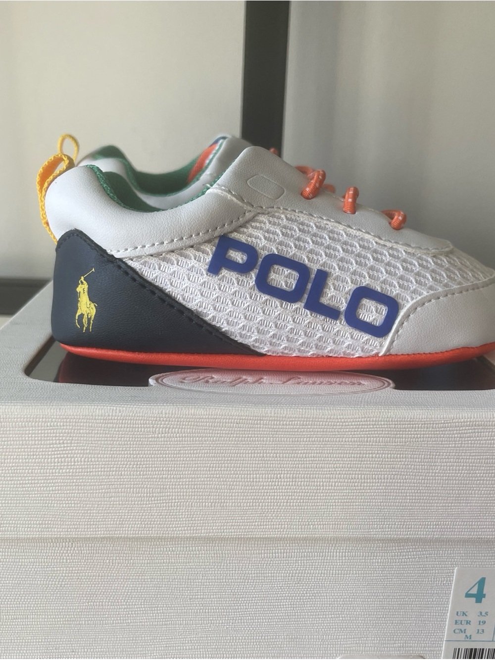 Ralph Lauren infant White Faux Leather Sneakers with multicolor trim NIB